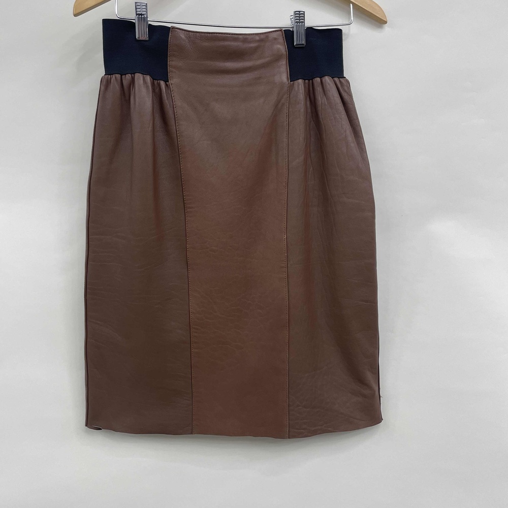 Bagatelle‎ Brown Leather Pencil Skirt Elastic Waist Size 8 lined midi Vintage